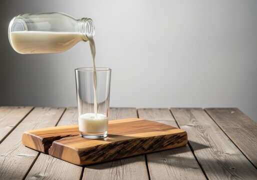 Pouring Fresh Organic Milk into a Glass on a Wooden Board, Healthy Bre