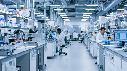 Fototapeta premium Cutting-Edge Medical Research in Modern Laboratory: Scientists in White Coats Conduct Biotechnology and Molecular Biology Experimentation with Advanced Equipment and Microscopes
