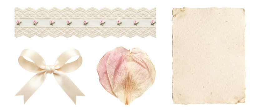 PNG Shabby chic scrapbook set with vintage lace ribbon silk bow dried rose petals and handmade paper texture elements isolated on transparent background