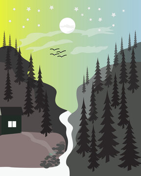Winter forest landscape with snowy houses under moonlight night sky illustration