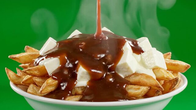 Delicious Poutine With Crispy French Fries, Cheese Curds, and Rich Brown Gravy on a Vibrant Green Background