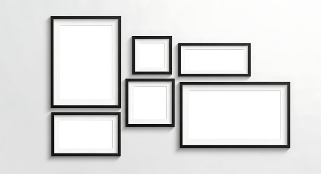 Gallery wall mockup collection featuring six blank black picture frames of various sizes and orientations arranged on a neutral white wall template interior collection horizontal vertical