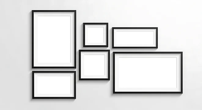 Gallery wall mockup collection featuring six blank black picture frames of various sizes and orientations arranged on a neutral white wall template interior collection horizontal vertical