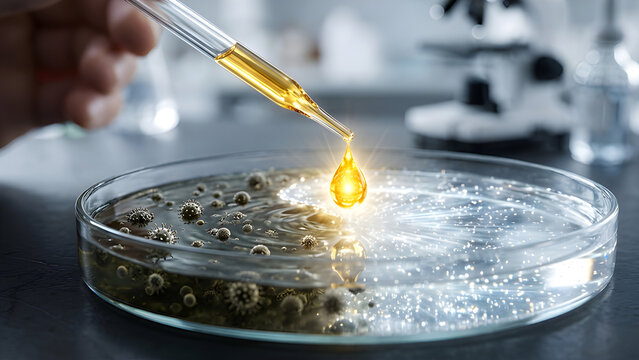 Macro realistic photo of a pipette dropping a glowing golden antidote that instantly clears a dark liquid pool.