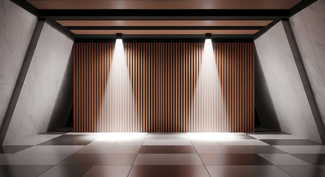 Empty industrial studio room with modern wood slat wall panels and symmetrical bright spotlights spotlight concrete industrial interior lighting background architecture showroom presentation