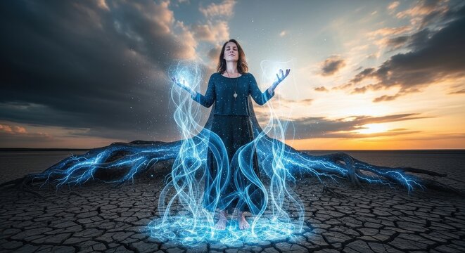 Woman casting elemental magic energy at sunset with glowing blue light emanating from her hands in a surreal desert landscape