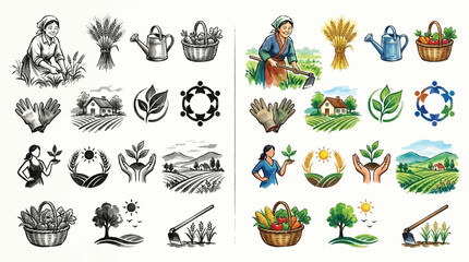 Collection of agricultural icons and illustrations depicting farming, gardening, and nature. © Renald