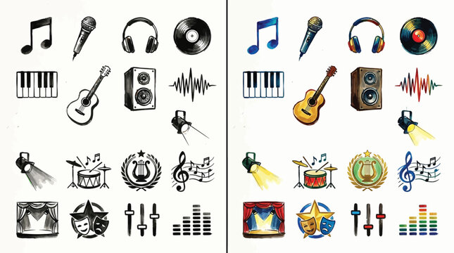 Collection of musical instruments, audio equipment, and performance symbols in watercolor and sketch styles.