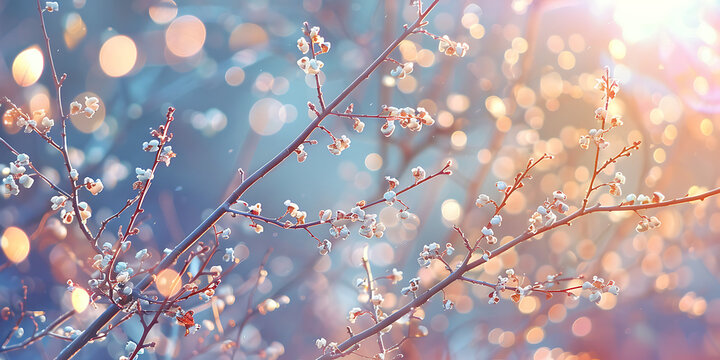 frosted cherry blossom branches with ice crystals isolated on transparent background