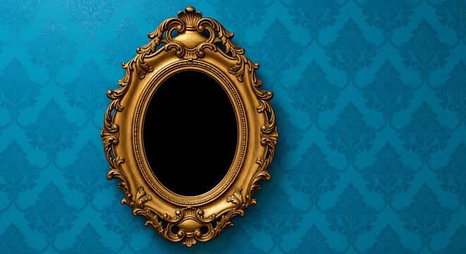 Antique gold ornate oval frame with black center on vintage blue damask pattern wallpaper decoration interior decorative