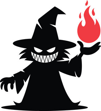 Halloween monster wizard with fireball in hand isolated on transparent background
