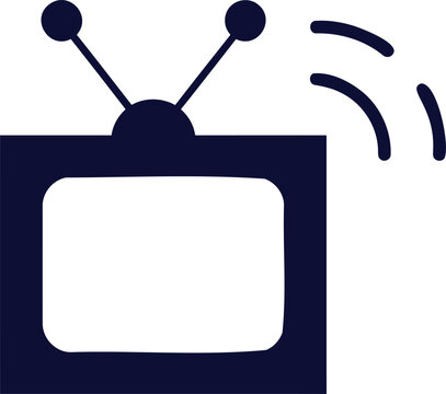Simple dark blue television icon with antenna and signal waves on white background