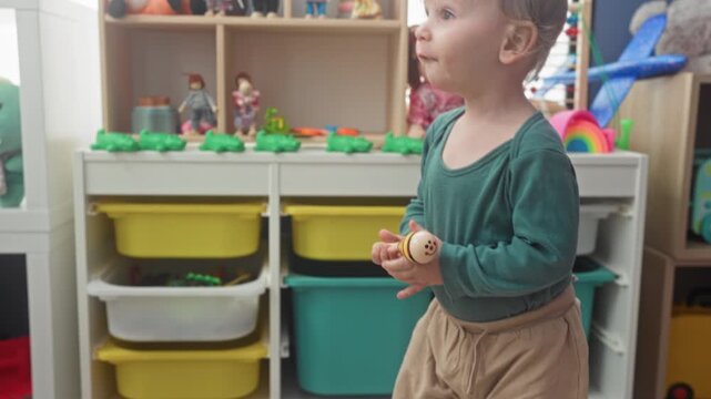 Little boy holding a wooden bee toy, clasping hands and looking to the side in a colorful playroom with shelves and bins; curiosity.