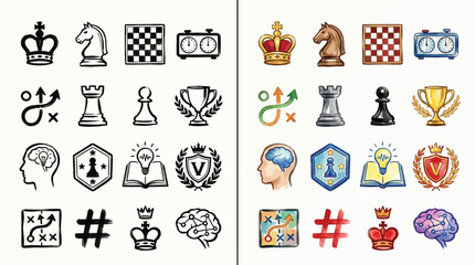 Set of chess icons and symbols in watercolor and sketch styles, representing strategy and intellect. © Renald