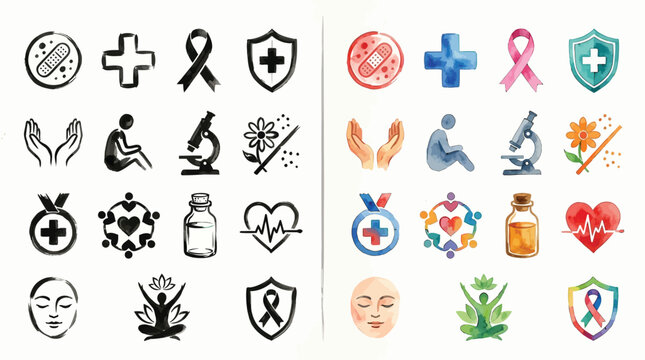 Collection of medical and health-related icons in watercolor and ink styles.