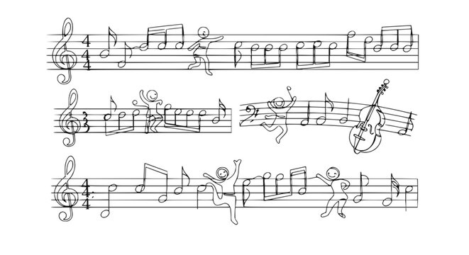 Musical Notes with Dancing Stick Figures and Cello Illustration
