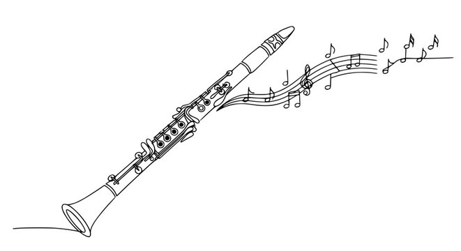 Continuous line drawing of a clarinet with musical notes flowing out, isolated on white