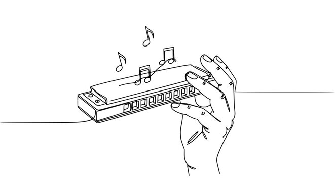 Hand playing harmonica with musical notes, single line drawing