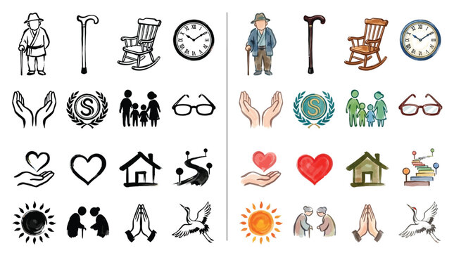 Collection of Icons Representing Senior Care, Family, Health, and Well-being.