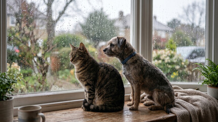 Obraz premium Cat and Small Dog Sitting by Rainy Window Watching Storm Outside in Cozy Home Interior
