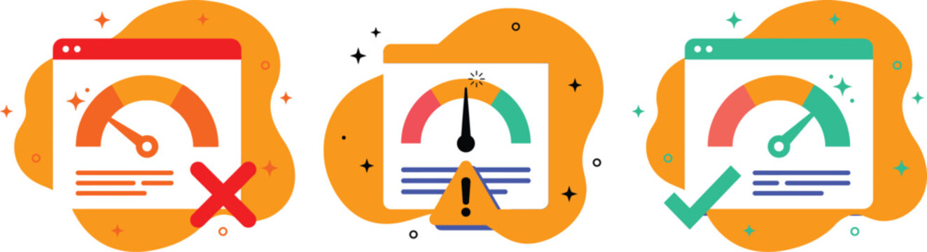 "Website Load Time Status Icons - Browser Speedometer with Fail Average and Pass Indicators Orange Background Vector Graphics Set"