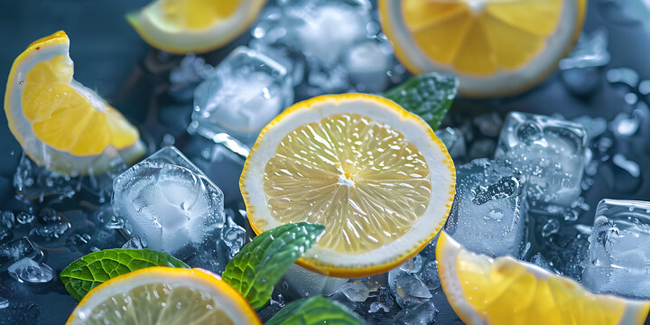 fresh lemon slices and mint leaves on ice isolated on transparent background