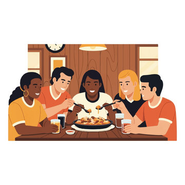 Diverse group of soccer fans sharing a large dish of poutine in a rustic wood-paneled pub, warm nostalgic sepia lighting, high-quality flat illustration using cream, burnt umber, and ochre