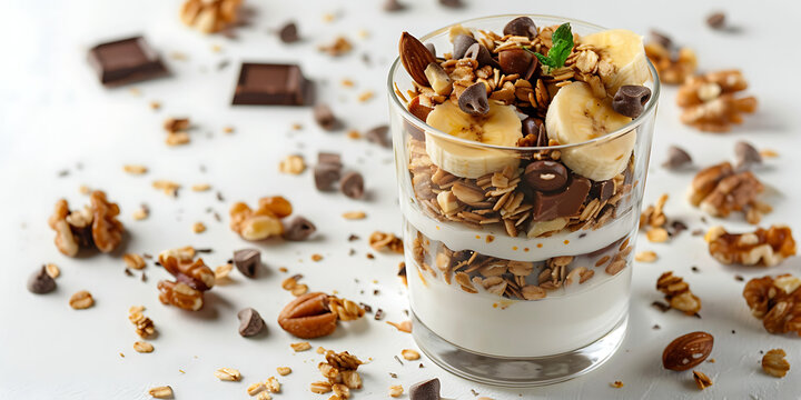 layered dessert parfait with yogurt nuts chocolate and caramel isolated on transparent background