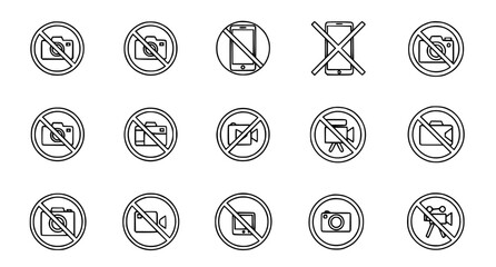 Set of prohibited camera and mobile phone sign icons isolated on white background for public venues and restricted photography areas featuring modern minimalist vector line art style design © Abirex