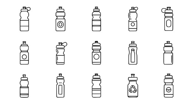 Collection of sports water bottle and shaker icons in clean line art style for athletic hydration and health tracking application design elements on isolated white background for UI