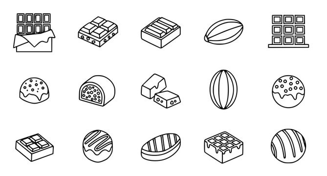 Assorted chocolate confections and candy bar icons in detailed line art style featuring truffles bars and cocoa beans for confectionery branding or dessert menu design elements