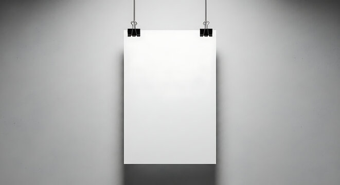 Blank white vertical poster or paper sheet mockup hanging with binder clips on light grey wall illuminated by spotlight vertical spotlight template advertisement minimalist