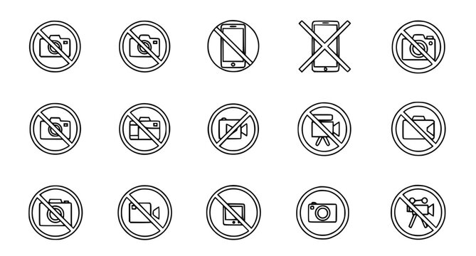 Set of prohibited camera and mobile phone sign icons isolated on white background for public venues and restricted photography areas featuring modern minimalist vector line art style design