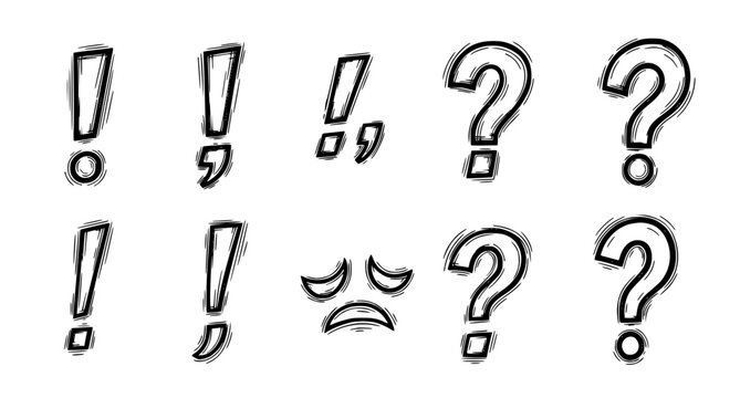Hand drawn doodle style exclamation and question mark punctuation icons with expressive emotional faces isolated on white background for comic book style graphic design and typography
