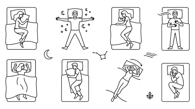 Sleep positions vector illustration set with various people in bed, sleeping, dreaming.