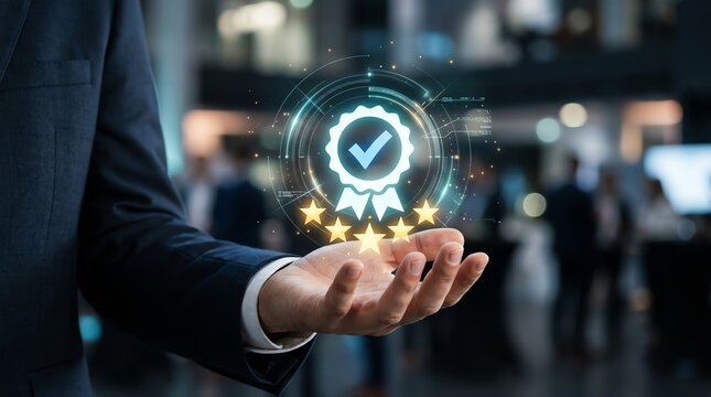 Businessman holding an illuminated quality assurance badge with five stars, symbolizing excellent service, customer satisfaction, and a commitment to business standards and digital innovation