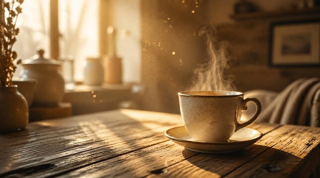 A warm coffee cup sits on a rustic wooden table as floating dust motes dance in the golden light of a serene morning, creating a peaceful and cinematic atmosphere for a cozy home interior setting.