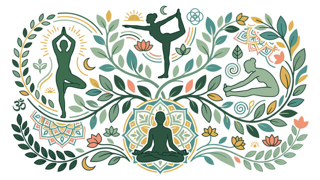 Yoga asanas concept vector illustration with people practicing hatha yoga, meditation, nature.