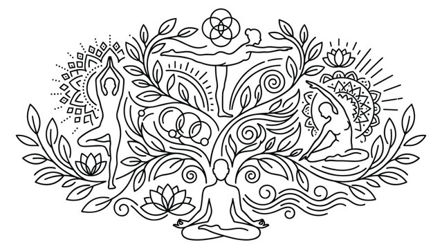 Yoga asanas concept vector illustration with people practicing hatha yoga, meditation, nature.