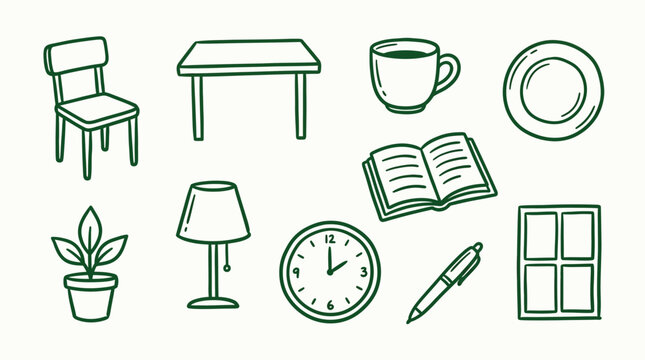 Set of hand-drawn line art icons depicting various household objects and furniture in a minimalist style.
