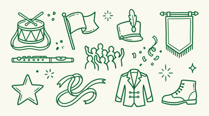 Fototapeta premium Outline vector icons representing a marching band with instruments, uniforms, and celebratory elements.