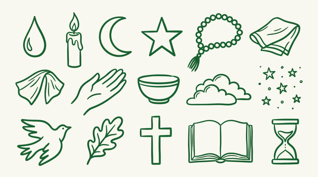Set of hand-drawn doodle style religious and spiritual symbols and icons on a light background.