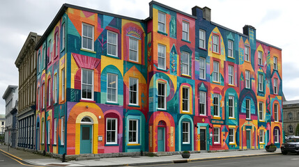 Obraz premium Vibrant Urban Mural Transforms Cityscape with Colorful Street Art on Multi-Story Building Facade
