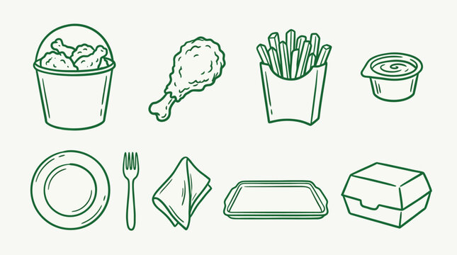 Fast food meal set with fried chicken, french fries, and dipping sauce, along with dining utensils and packaging.
