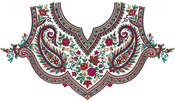 Luxury floral Kashmiri neckline embroidery pattern vector isolated on white background