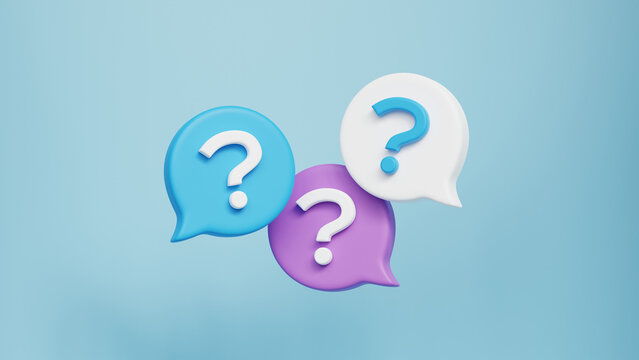 3D illustration of three speech bubbles with question marks symbolizing FAQ, asking questions, confusion and customer support. Communication and help concept on light blue background