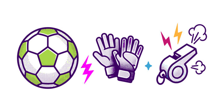 Soccer Equipment Icon Set Featuring Football Ball Goalkeeper Gloves and Referee Whistle in Modern Pop Art Illustration Style