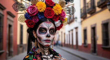 Naklejka premium Woman in Catrina Makeup with Floral Headpiece in San Miguel de Allende.