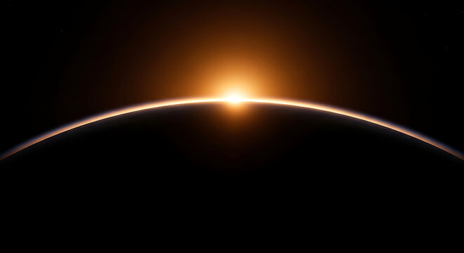Sunrise over curved dark planet horizon with bright star