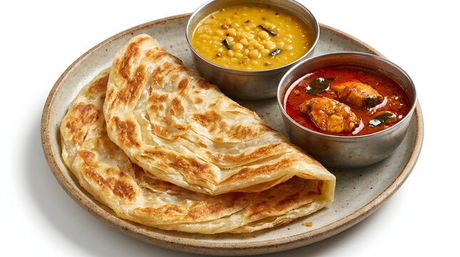 Flaky Malaysian Roti Canai flatbread served with dhal curry, isolated on a white background